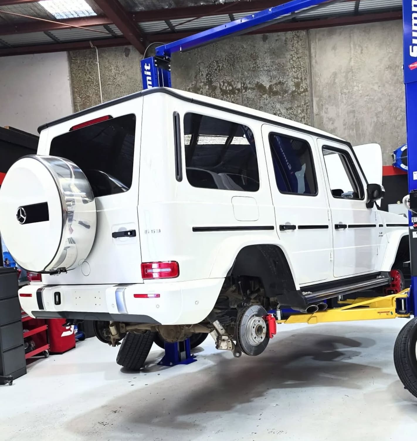 Mercedes-AMG G63 on the hoist at the ASL Euro workshop in Tullamarine